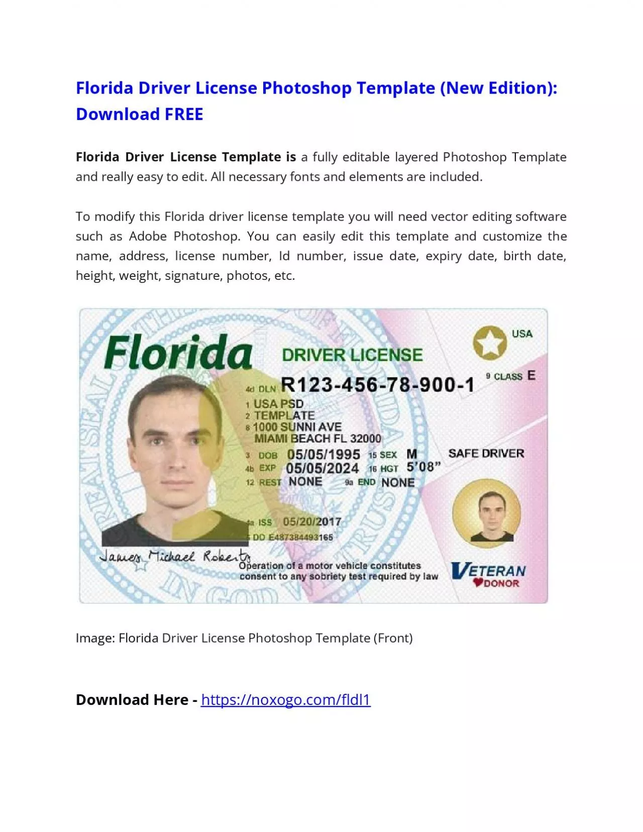 Florida Driver License Photoshop Template (New Edition)