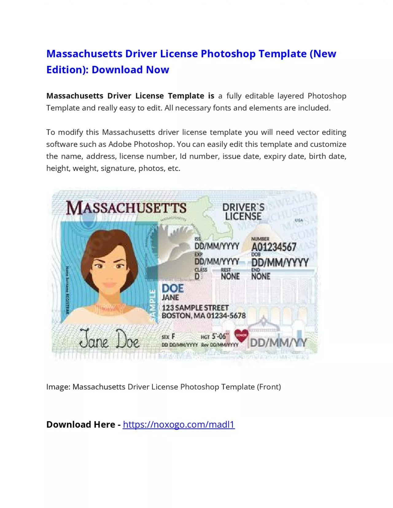 PDF-Massachusetts Driver License Photoshop Template (New Edition)