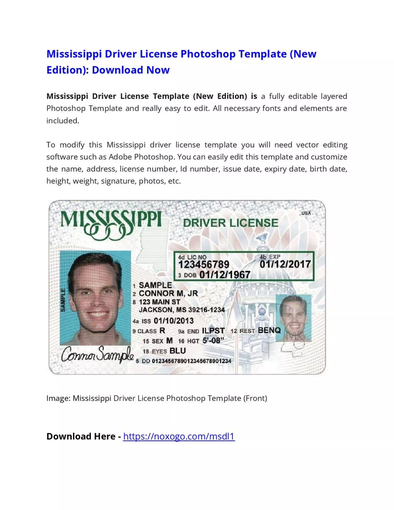 PDF-Mississippi Driver License Photoshop Template (New Edition)