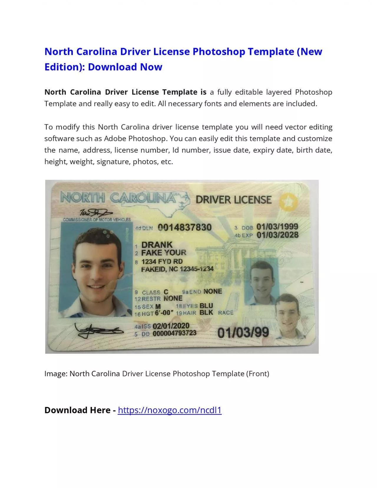 North Carolina Driver License Photoshop Template (New Edition)