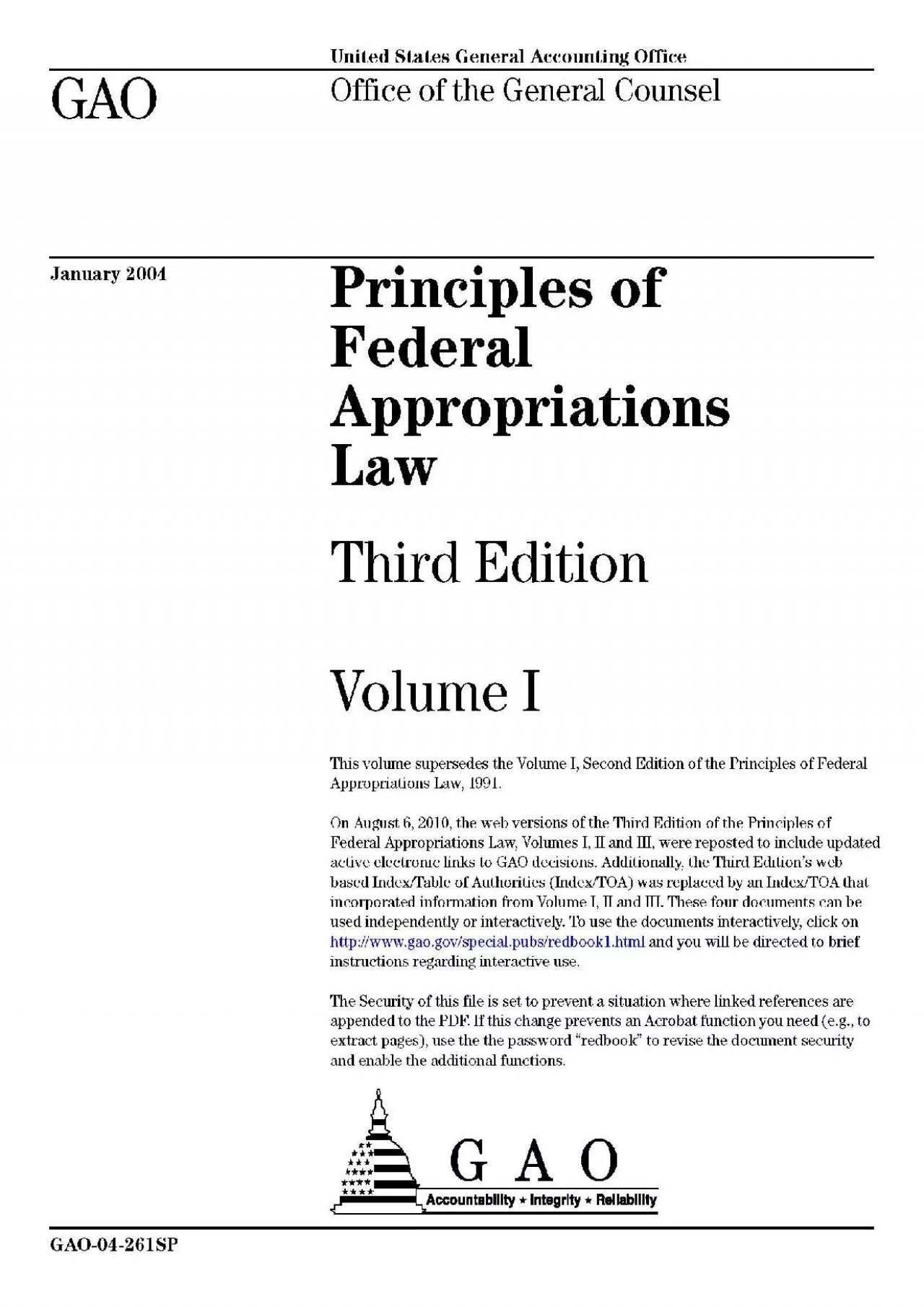 GAO Red Book Principles of Federal Appropriations Law 3rd Edition Volume 1