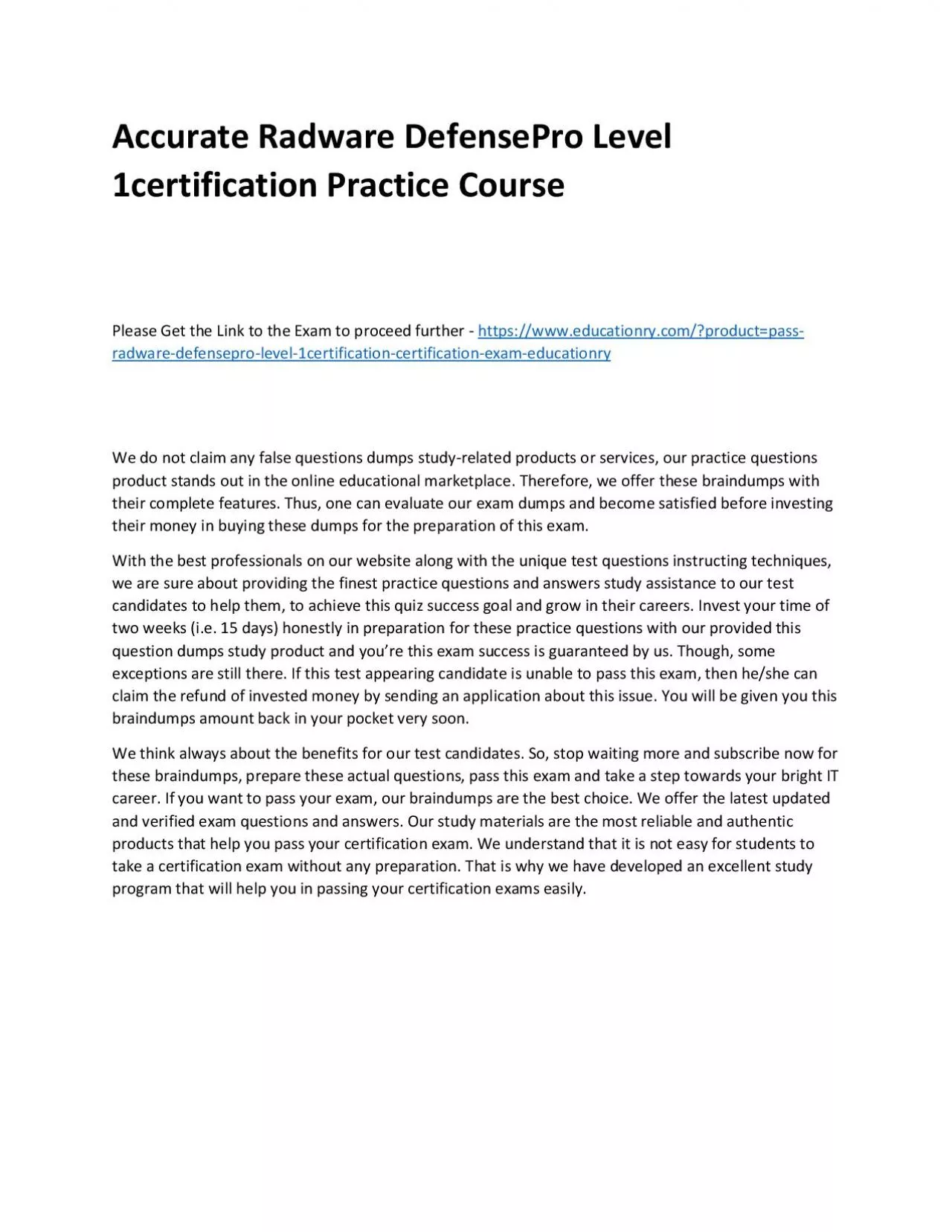 PDF-Radware DefensePro Level 1certification