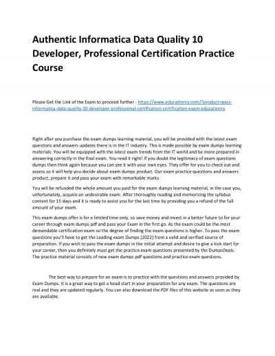 Informatica Data Quality 10 Developer, Professional Certification