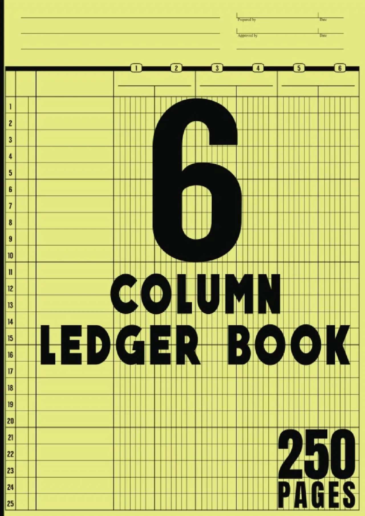 6 Column Ledger: Blank accounting book with 25 rows of large space and 06 columns  for