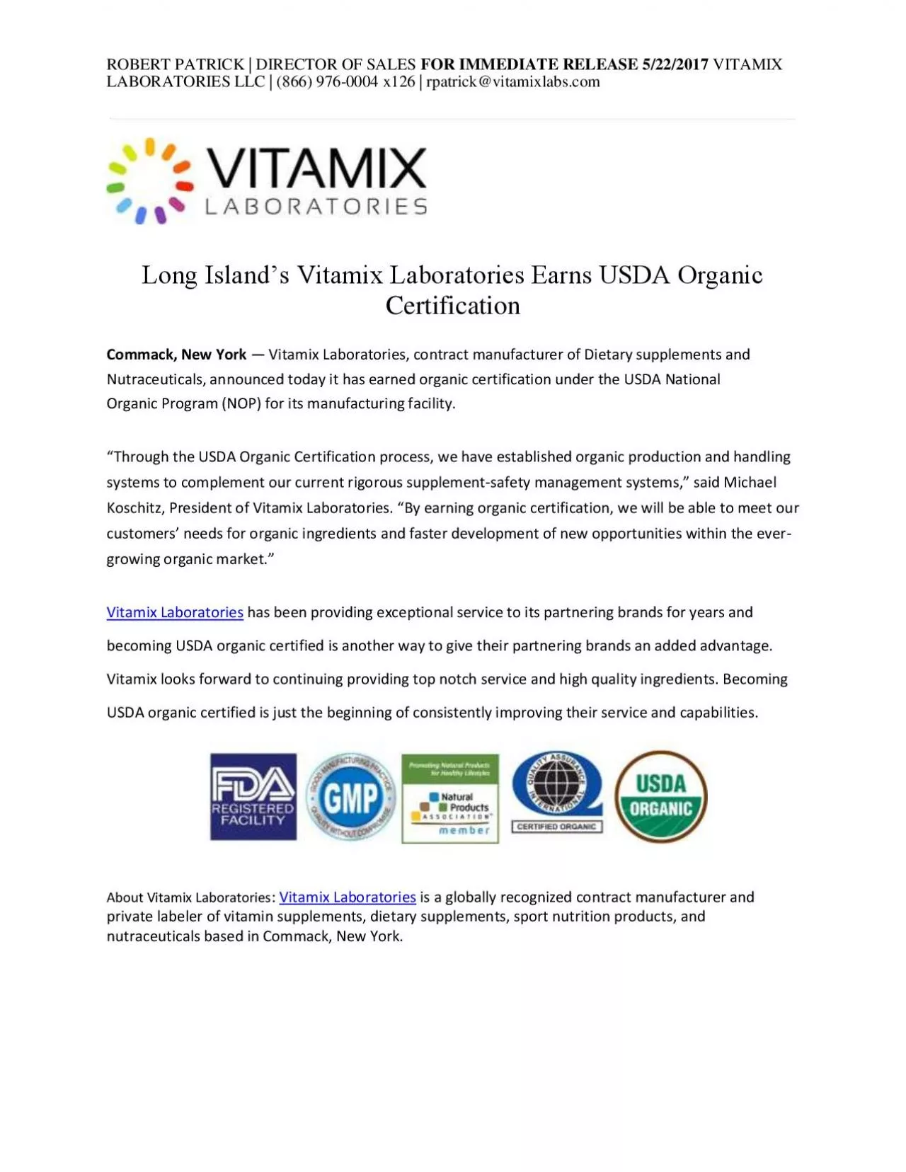 PDF-Long Island’S Vitamix Laboratories Earns Usda Organic Certification