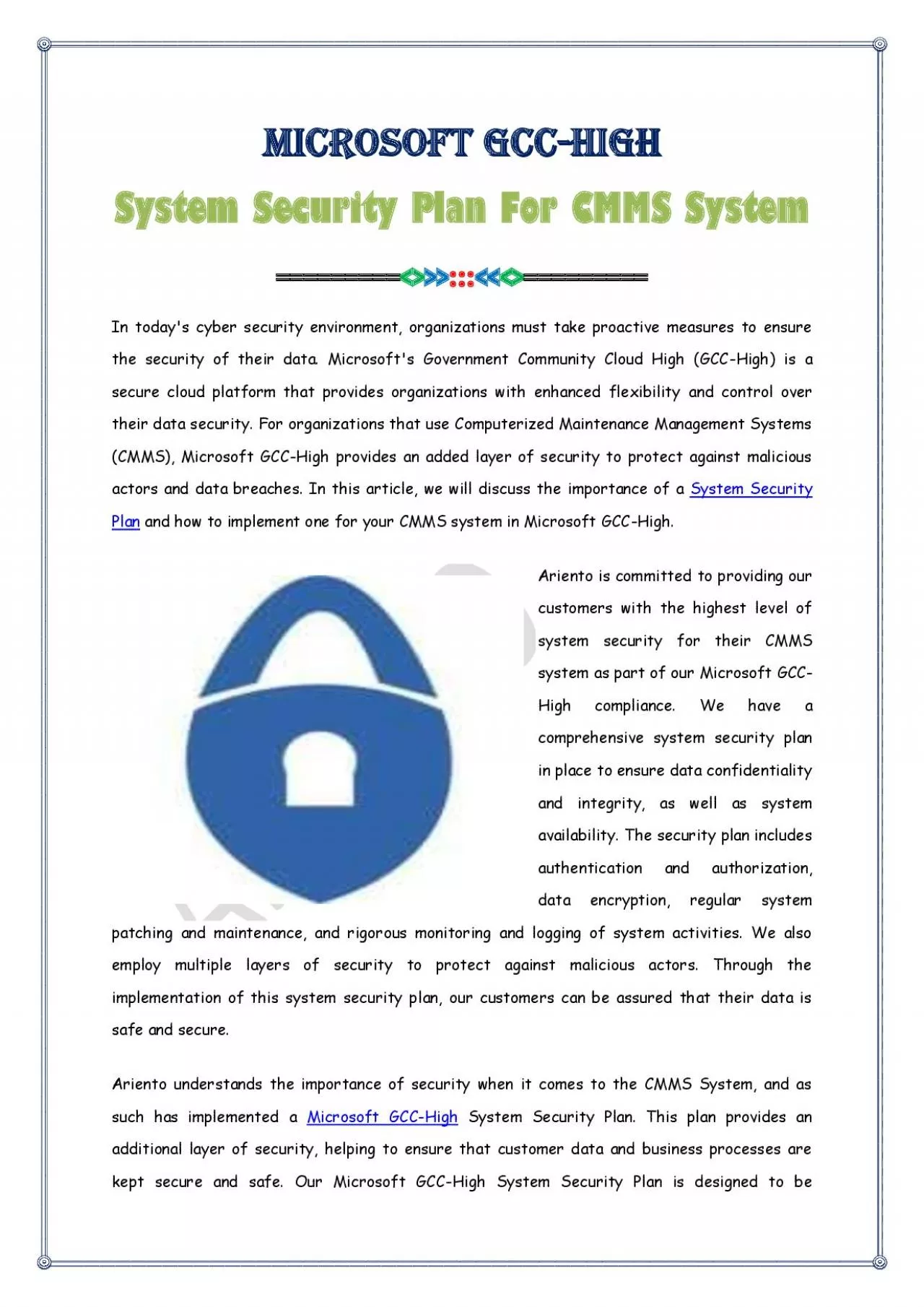 System Security Plan For CMMS System