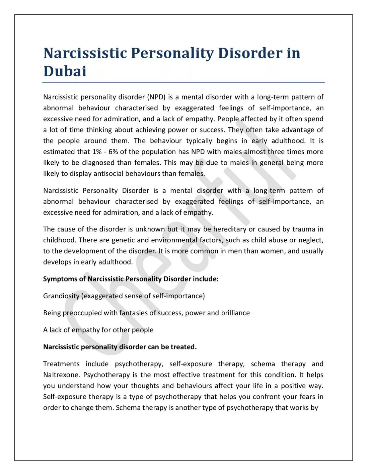 Narcissistic Personality Disorder in Dubai