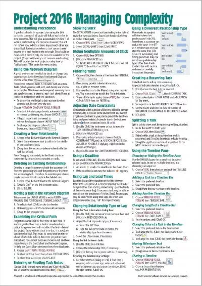 Microsoft Project 2016 Quick Reference Guide Managing Complexity - Windows Version (Cheat Sheet of Instructions, Tips & Shortcuts - Laminated Card)