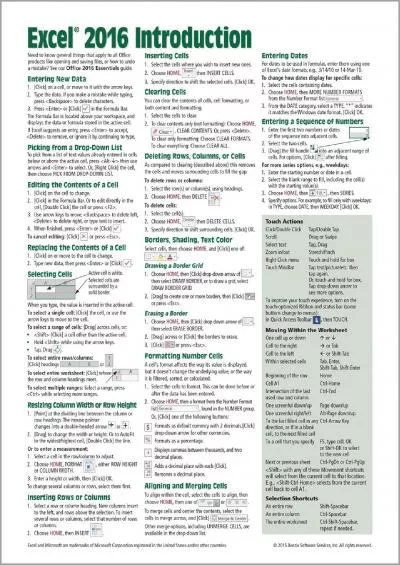Microsoft Excel 2016 Introduction Quick Reference Guide - Windows Version (Cheat Sheet of Instructions, Tips & Shortcuts - Laminated Card)