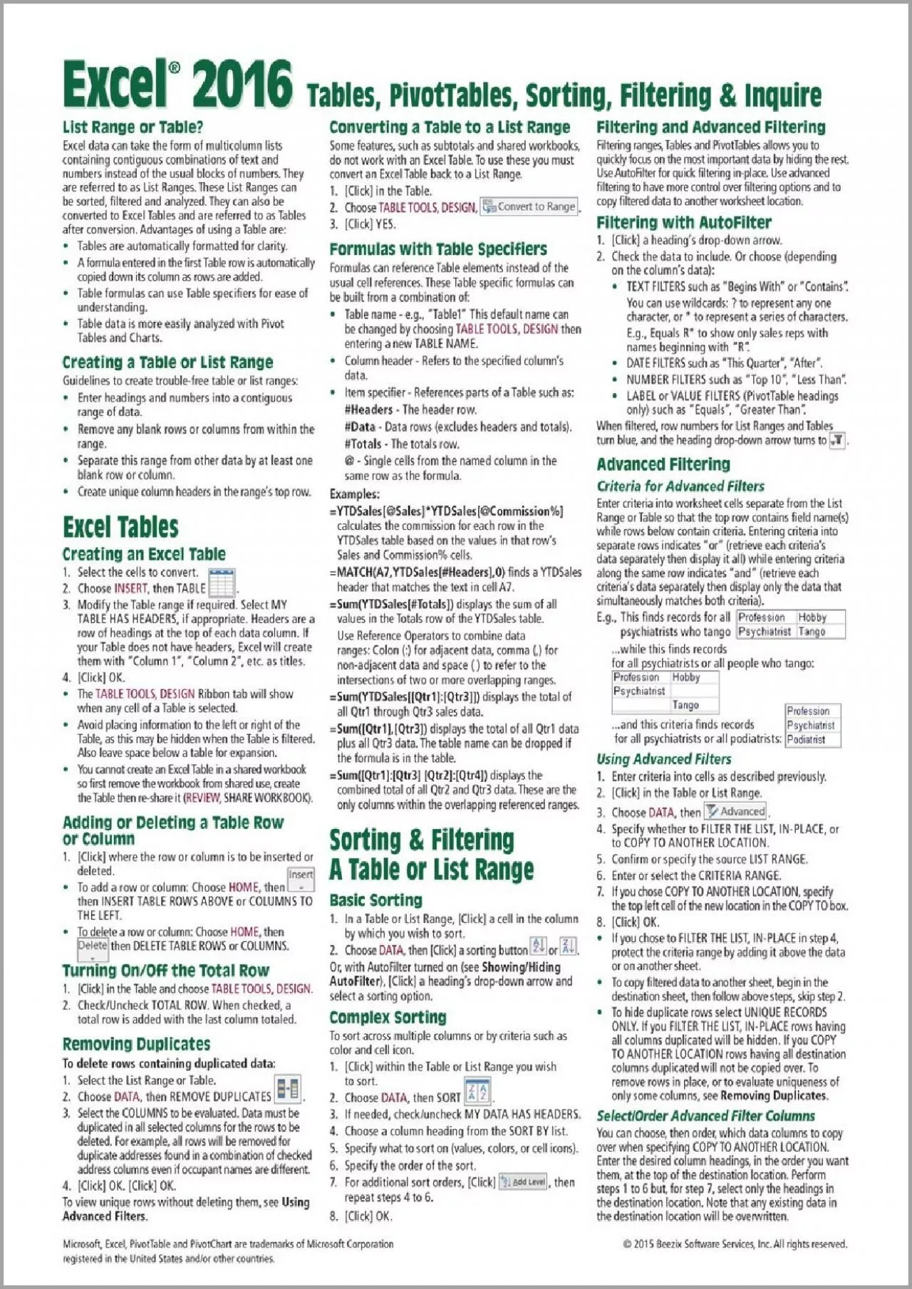 PDF-Microsoft Excel 2016 Tables, PivotTables, Sorting, Filtering & Inquire Quick Reference