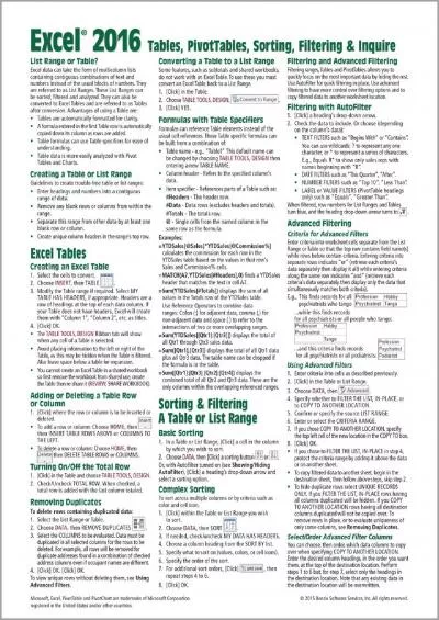 Microsoft Excel 2016 Tables, PivotTables, Sorting, Filtering & Inquire Quick Reference Guide - Windows Version (Cheat Sheet of Instructions, Tips & Shortcuts - Laminated Card)