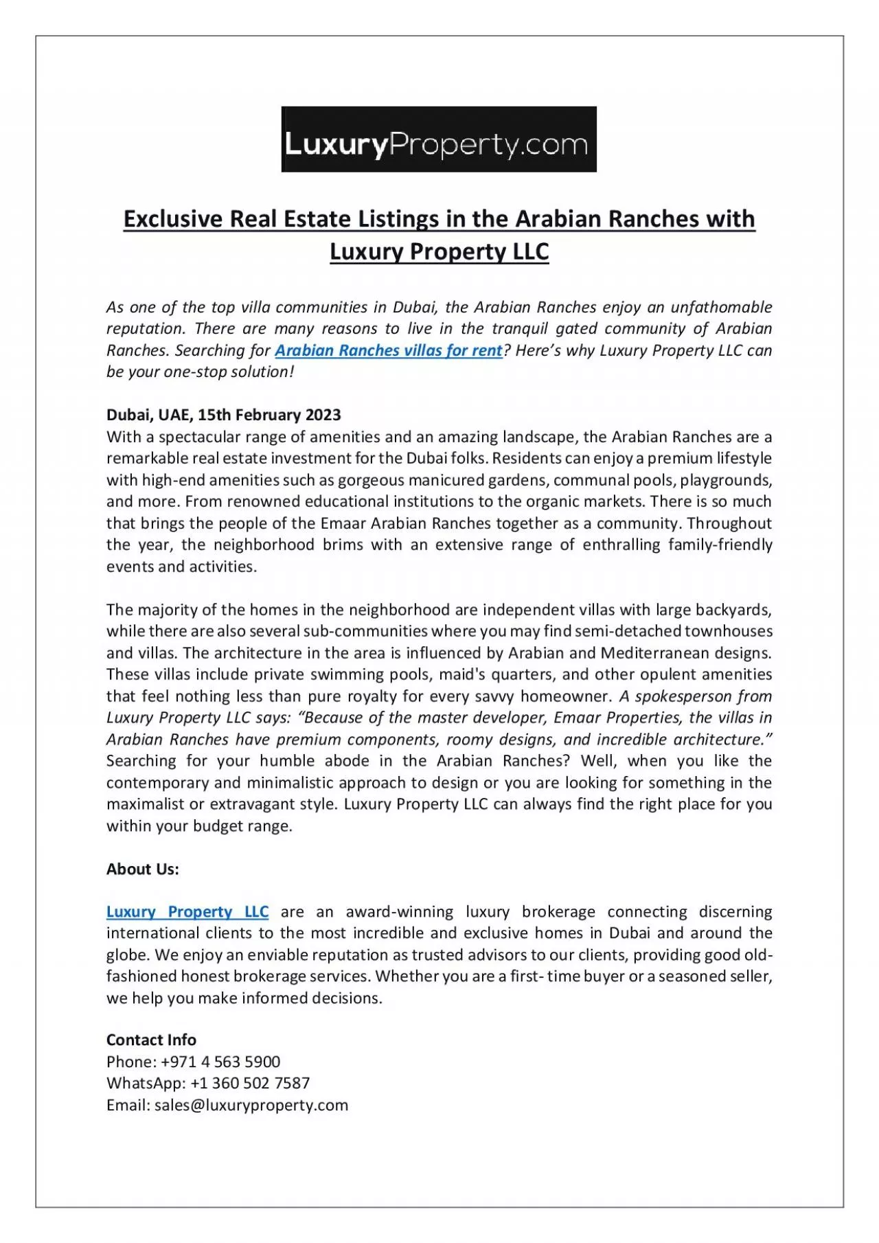 PDF-Exclusive Real Estate Listings in the Arabian Ranches with Luxury Property LLC