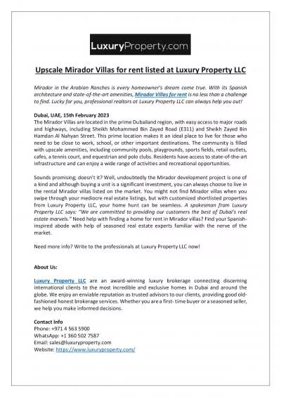 Upscale Mirador Villas for rent listed at Luxury Property LLC