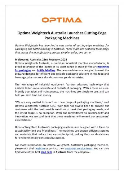 Optima Weightech Australia Launches Cutting-Edge Packaging Machines