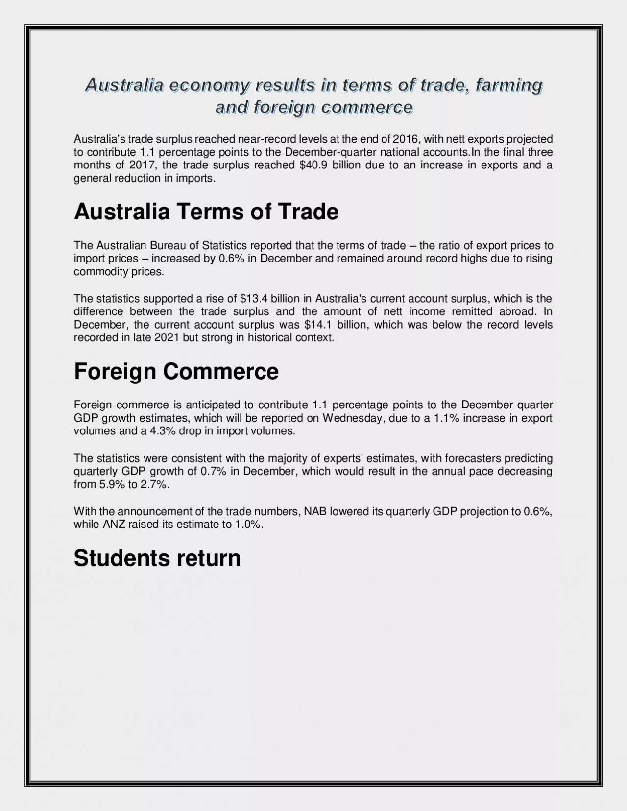 Australia economy results in terms of trade, farming and foreign commerce