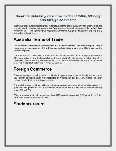 Australia economy results in terms of trade, farming and foreign commerce