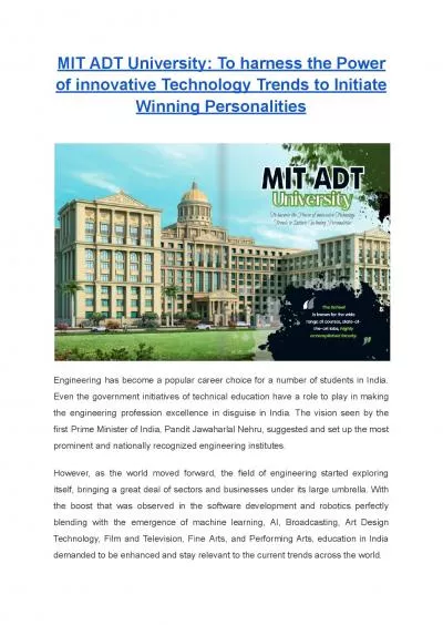 MIT ADT University: To harness the Power of innovative Technology Trends to Initiate Winning Personalities