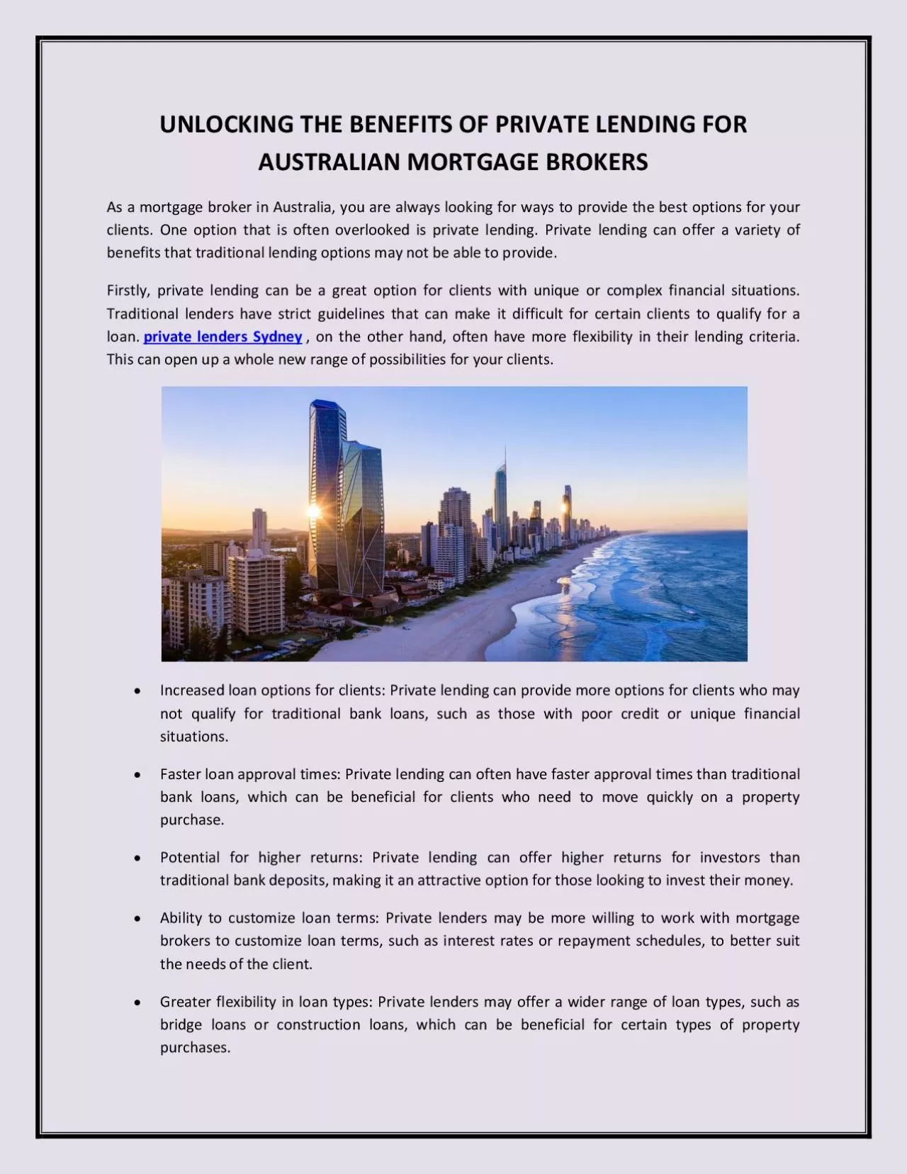 UNLOCKING THE BENEFITS OF PRIVATE LENDING FOR AUSTRALIAN MORTGAGE BROKERS