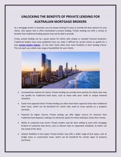 UNLOCKING THE BENEFITS OF PRIVATE LENDING FOR AUSTRALIAN MORTGAGE BROKERS