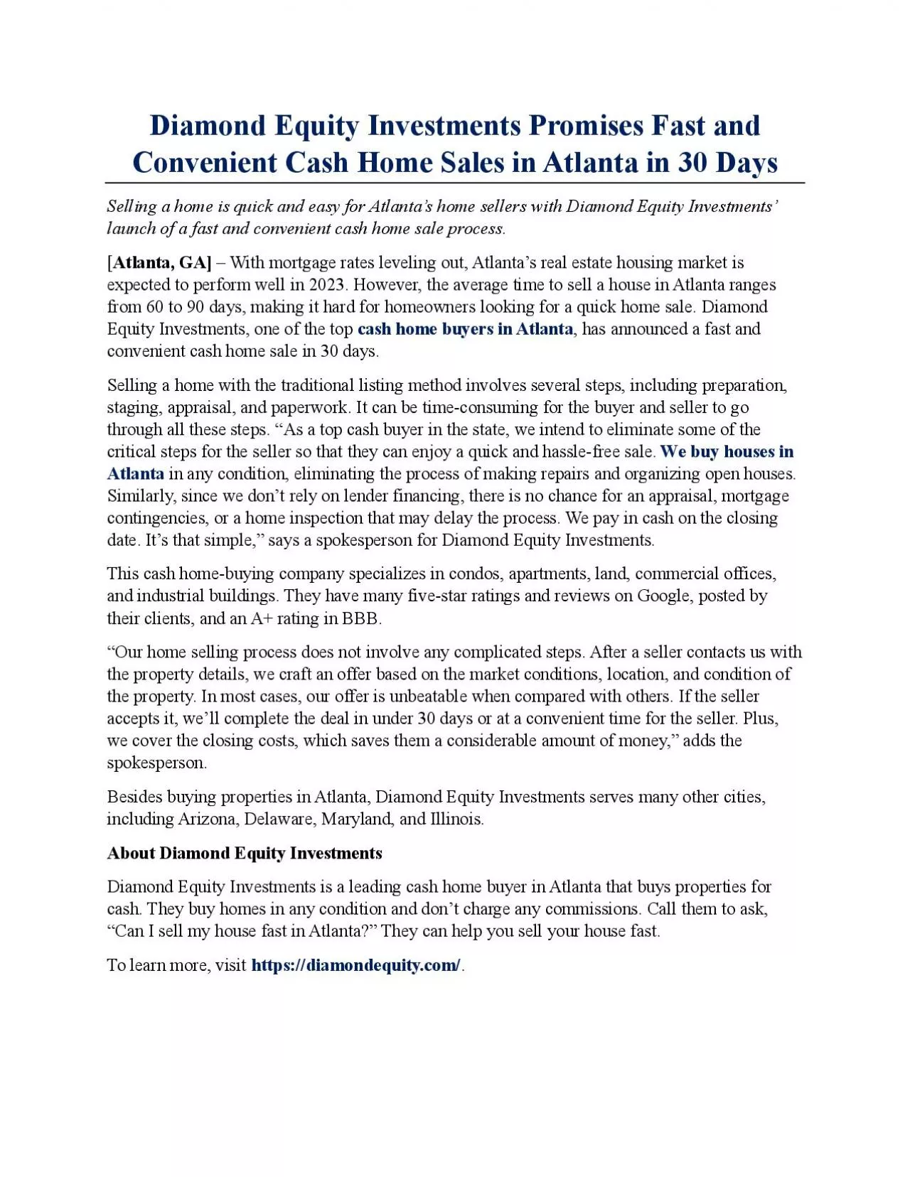 Diamond Equity Investments Promises Fast and Convenient Cash Home Sales in Atlanta in