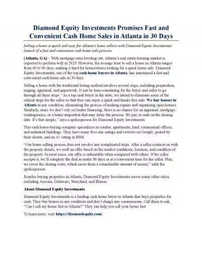 Diamond Equity Investments Promises Fast and Convenient Cash Home Sales in Atlanta in 30 Days