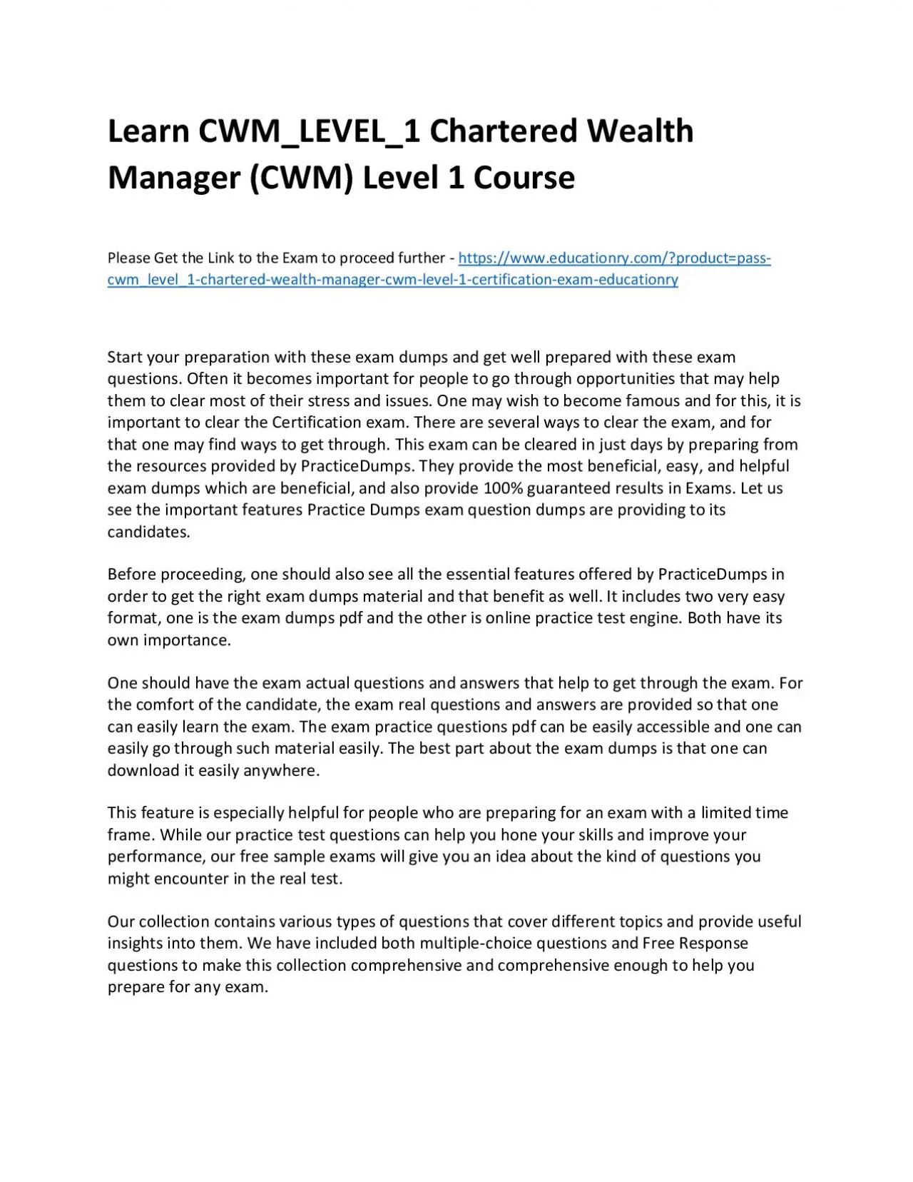 PDF-Learn CWM_LEVEL_1 Chartered Wealth Manager (CWM) Level 1 Practice Course