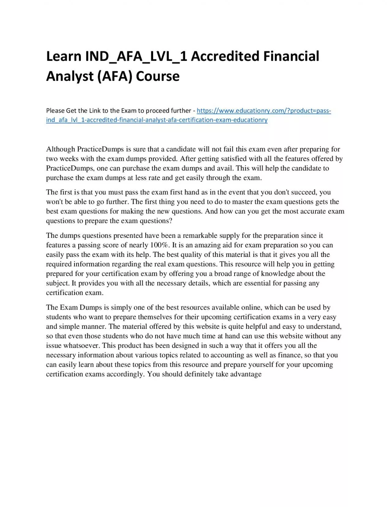 PDF-Learn IND_AFA_LVL_1 Accredited Financial Analyst (AFA) Practice Course