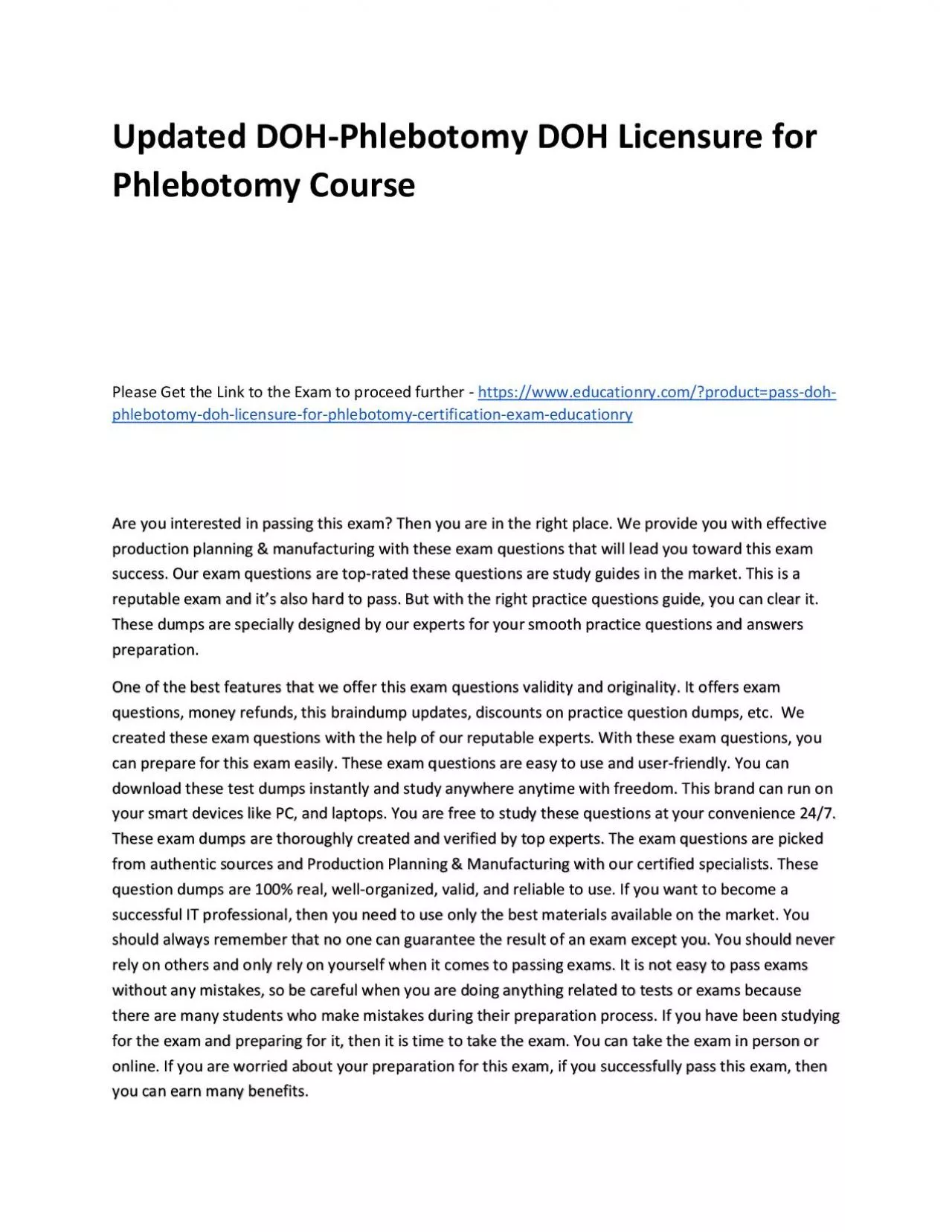 Updated DOH-Phlebotomy DOH Licensure for Phlebotomy Practice Course