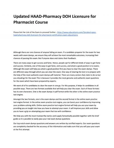 Updated HAAD-Pharmacy DOH Licensure for Pharmacist Practice Course