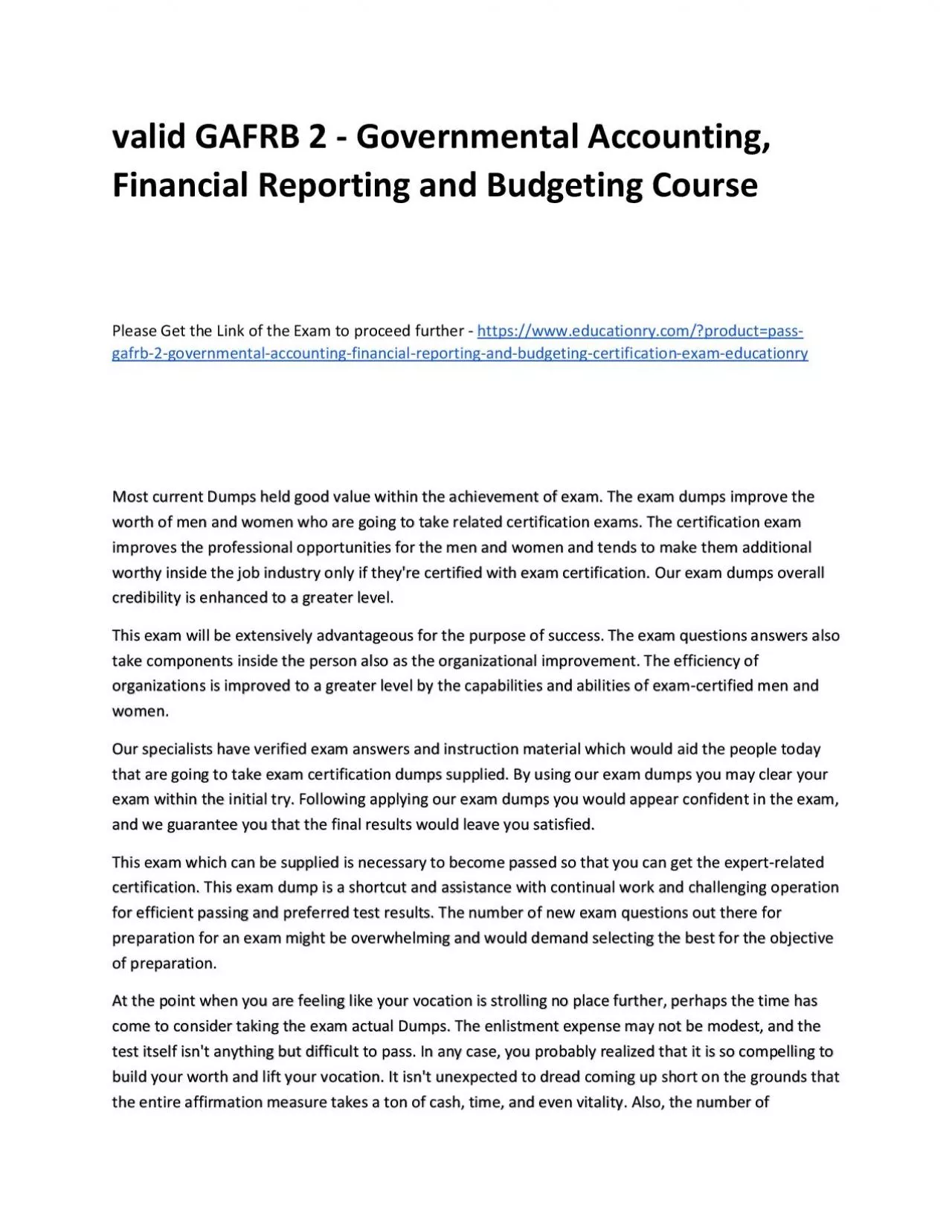 Valid GAFRB 2 - Governmental Accounting, Financial Reporting and Budgeting Practice Course