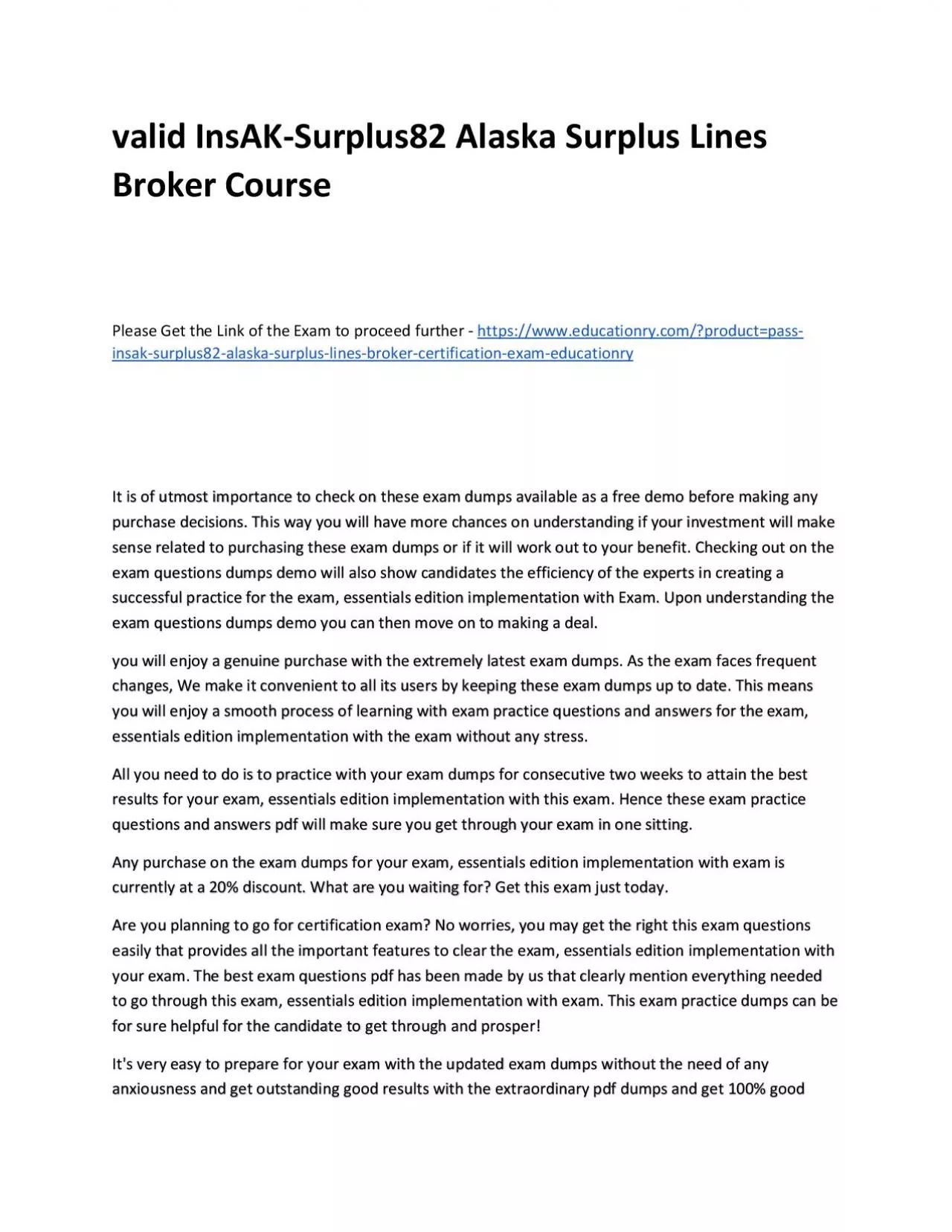 PDF-Valid InsAK-Surplus82 Alaska Surplus Lines Broker Practice Course