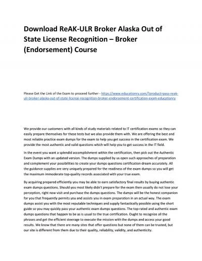 Download ReAK-ULR Broker Alaska Out of State License Recognition – Broker (Endorsement) Practice Course