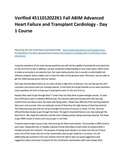 Verified 4511012022K1 Fall ABIM Advanced Heart Failure and Transplant Cardiology - Day 1 Practice Course