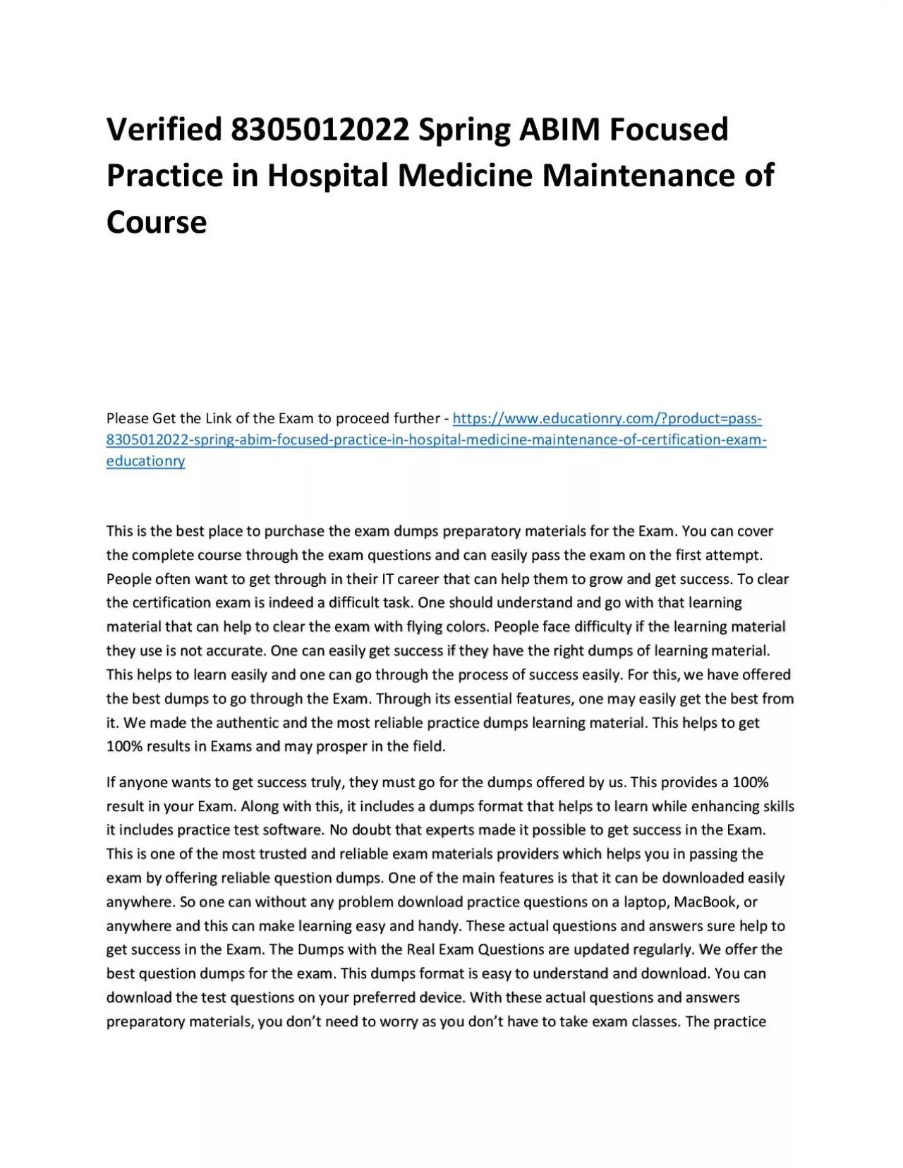 Verified 8305012022 Spring ABIM Focused Practice in Hospital Medicine Maintenance of Practice