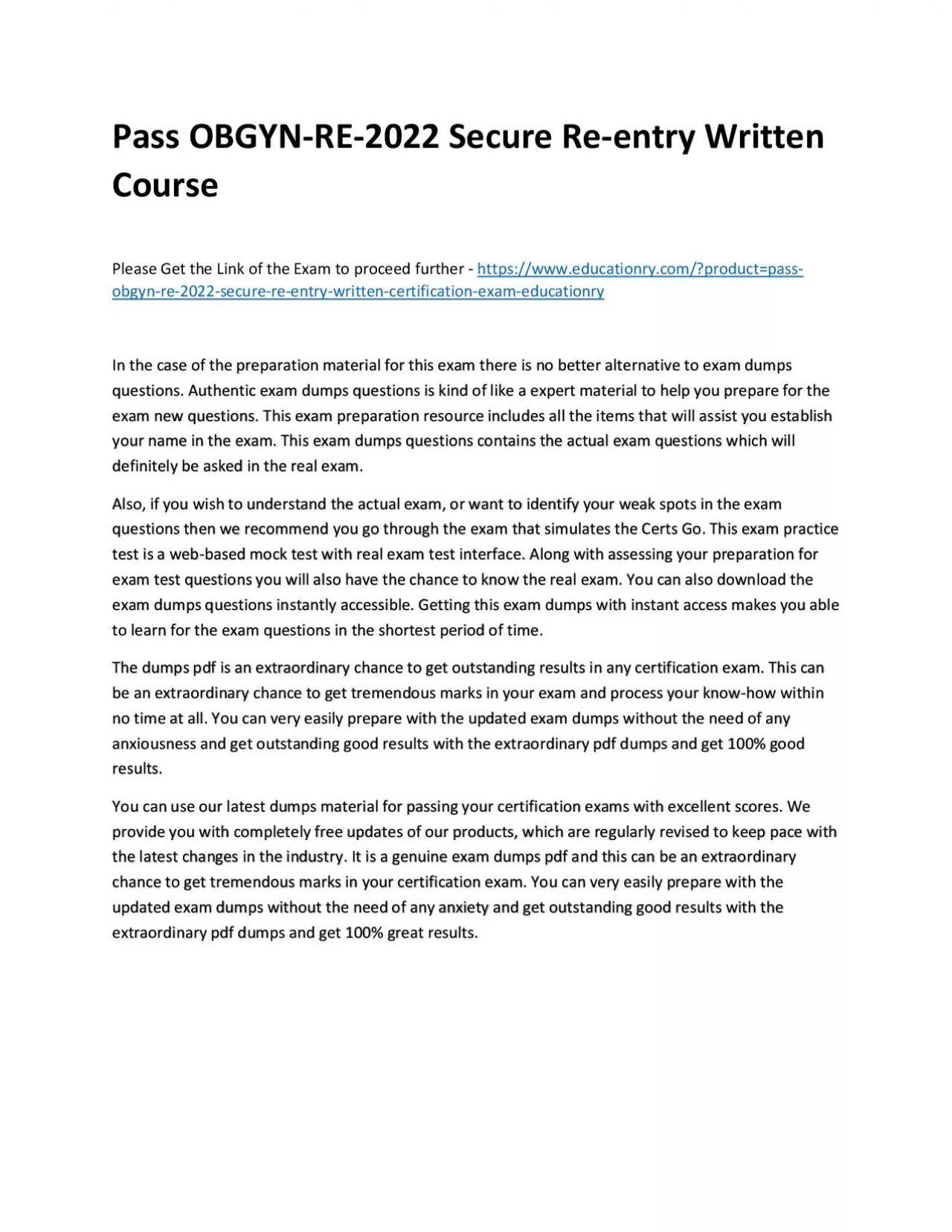 PDF-Pass OBGYN-RE-2022 Secure Re-entry Written Practice Course