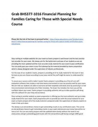 BHS377-1016 Financial Planning for Families Caring for Those with Special Needs