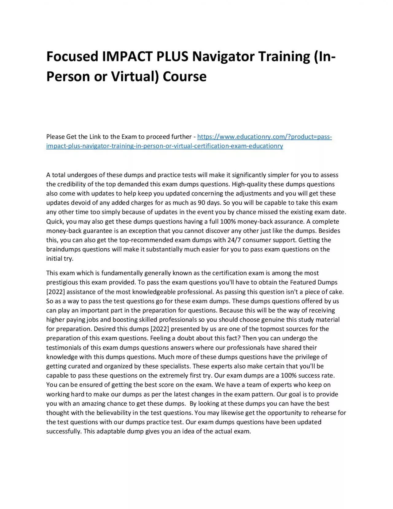 PDF-Focused IMPACT PLUS Navigator Training (In-Person or Virtual) Practice Course