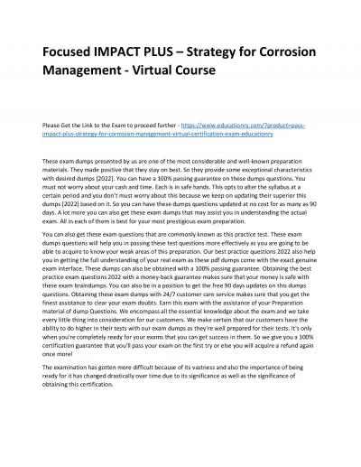 Focused IMPACT PLUS – Strategy for Corrosion Management - Virtual Practice Course