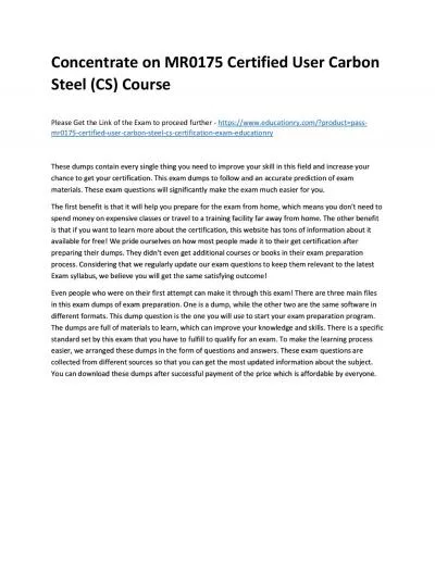 Concentrate on MR0175 Certified User Carbon Steel (CS) Practice Course