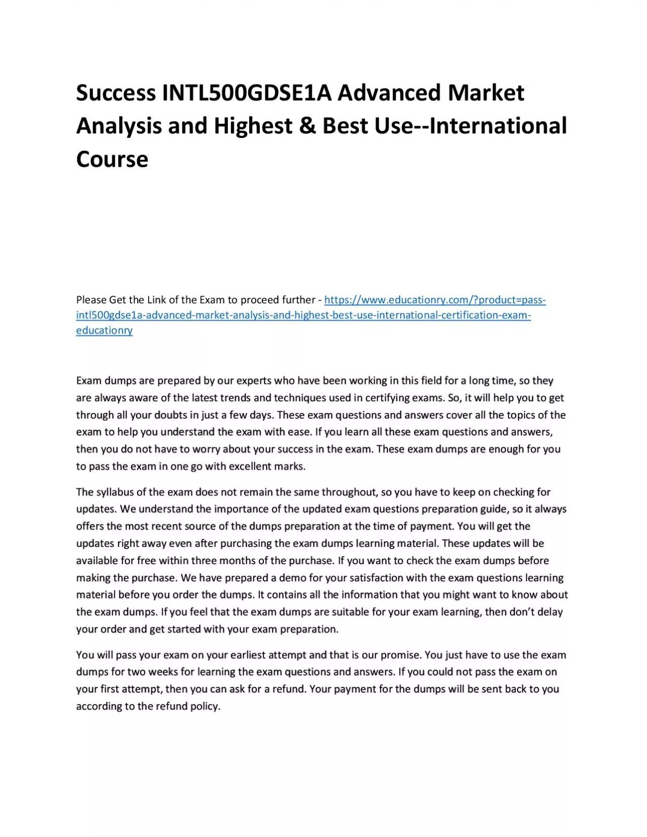 PDF-Success INTL500GDSE1A Advanced Market Analysis and Highest & Best Use--International Practice