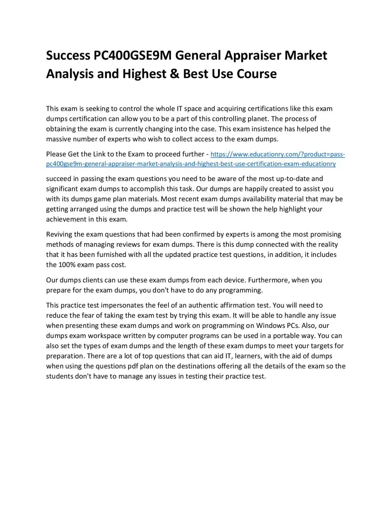 PDF-Success PC400GSE9M General Appraiser Market Analysis and Highest & Best Use Practice Course