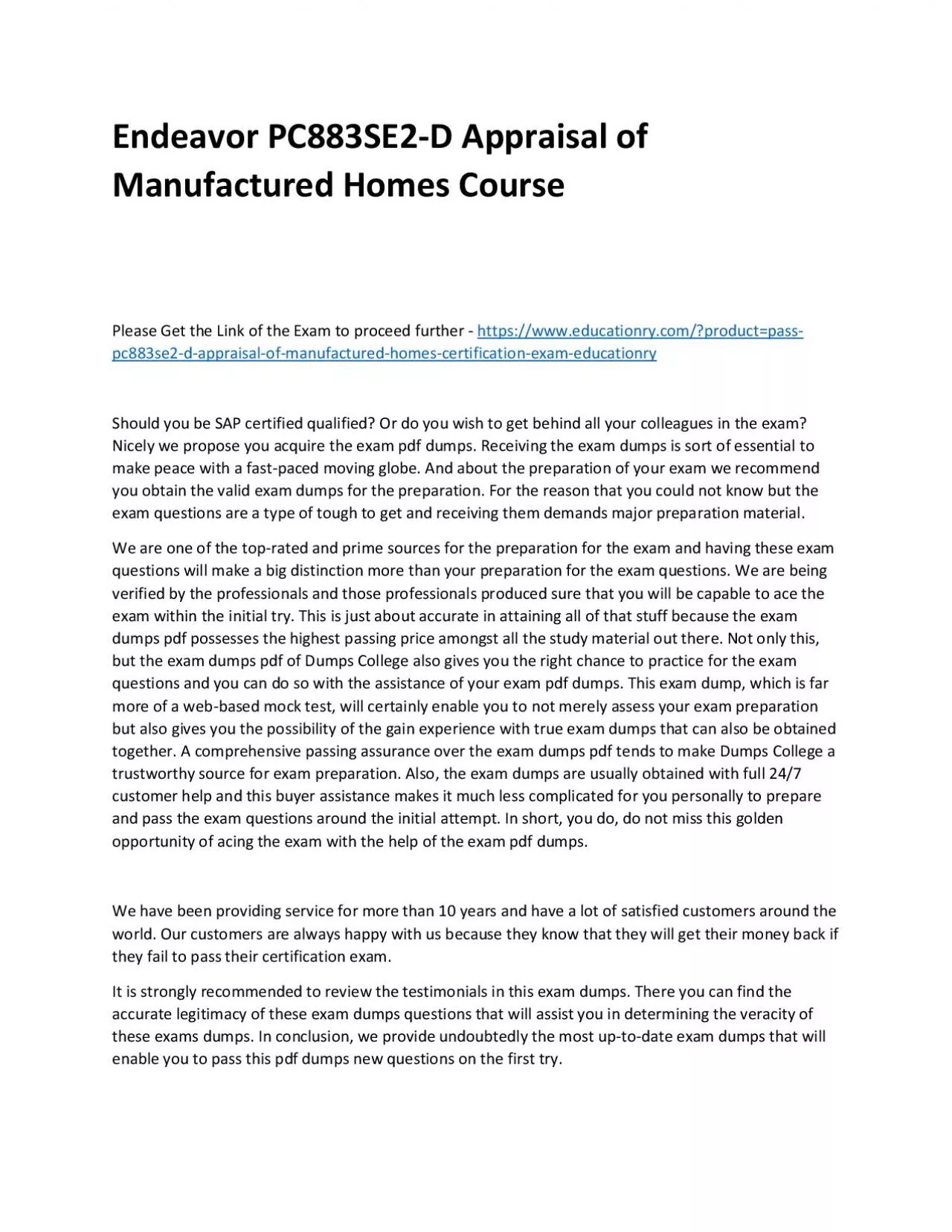 PDF-Endeavor PC883SE2-D Appraisal of Manufactured Homes Practice Course