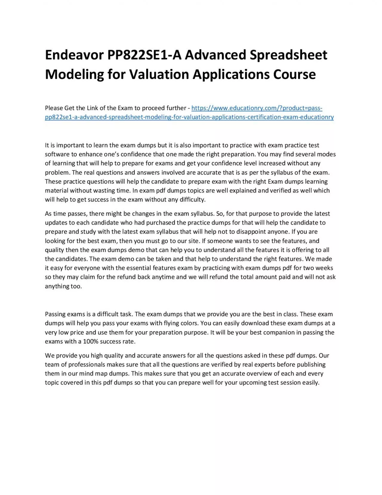 PDF-Endeavor PP822SE1-A Advanced Spreadsheet Modeling for Valuation Applications Practice