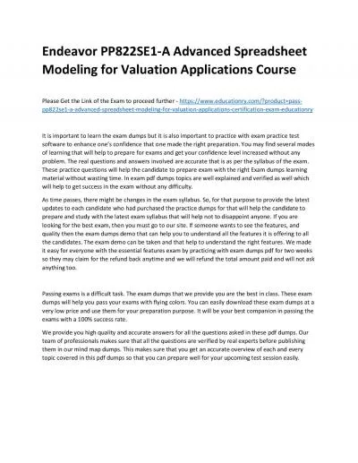 Endeavor PP822SE1-A Advanced Spreadsheet Modeling for Valuation Applications Practice Course