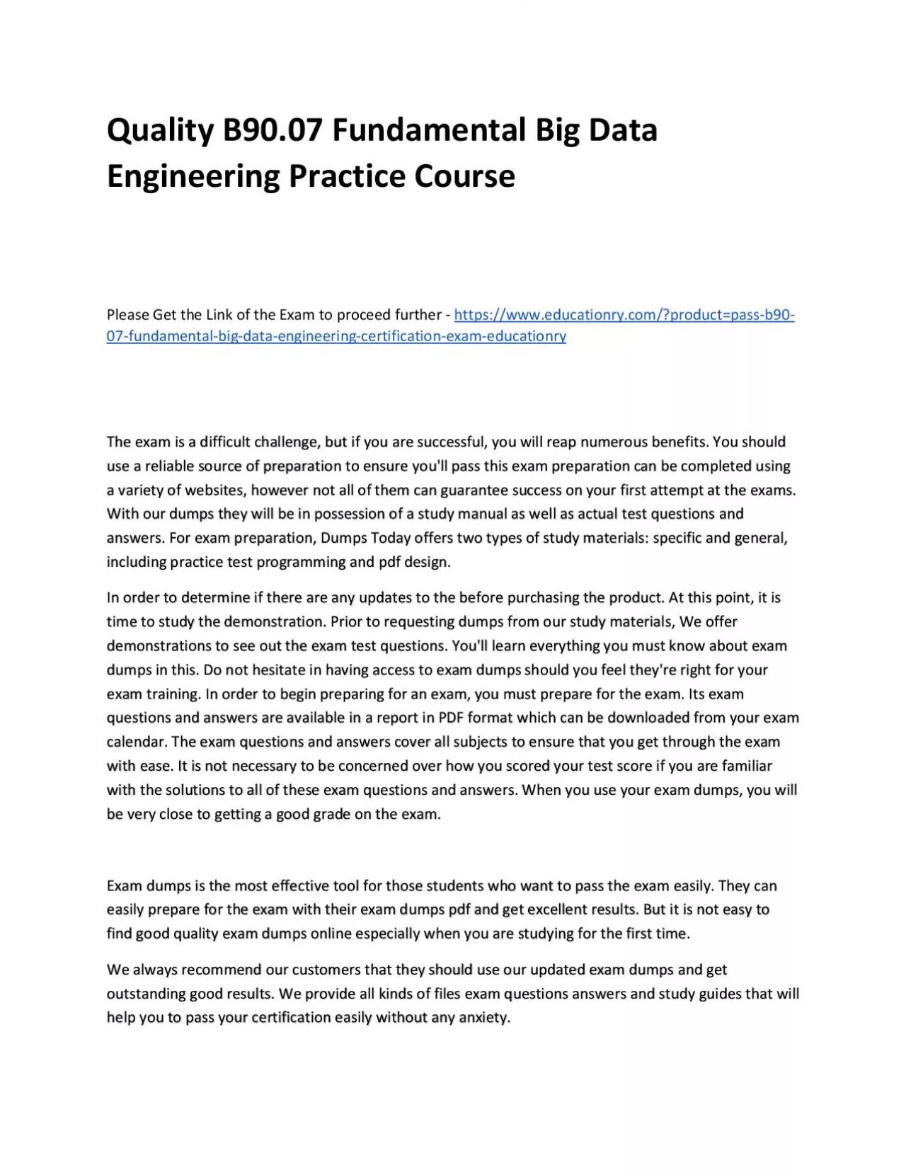 PDF-Quality B90.07 Fundamental Big Data Engineering Practice Course