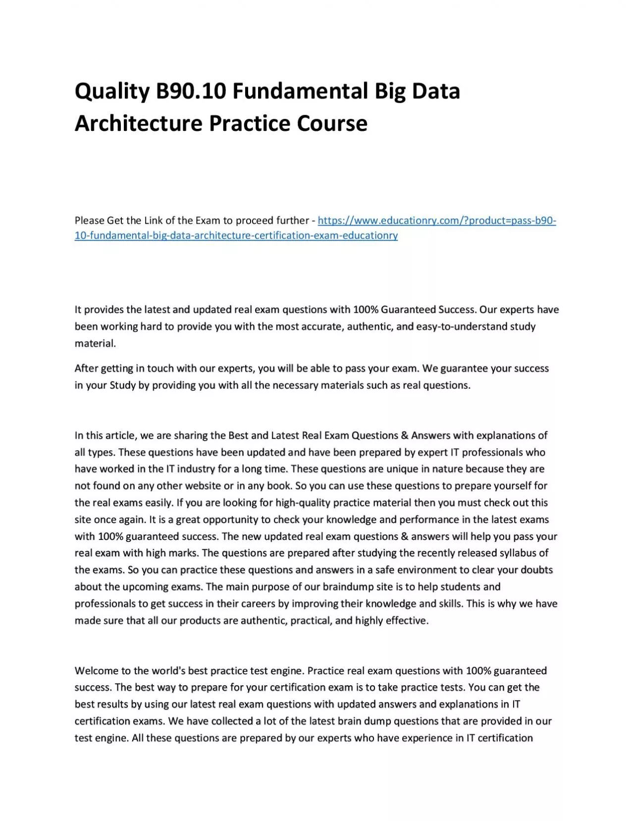 PDF-Quality B90.10 Fundamental Big Data Architecture Practice Course