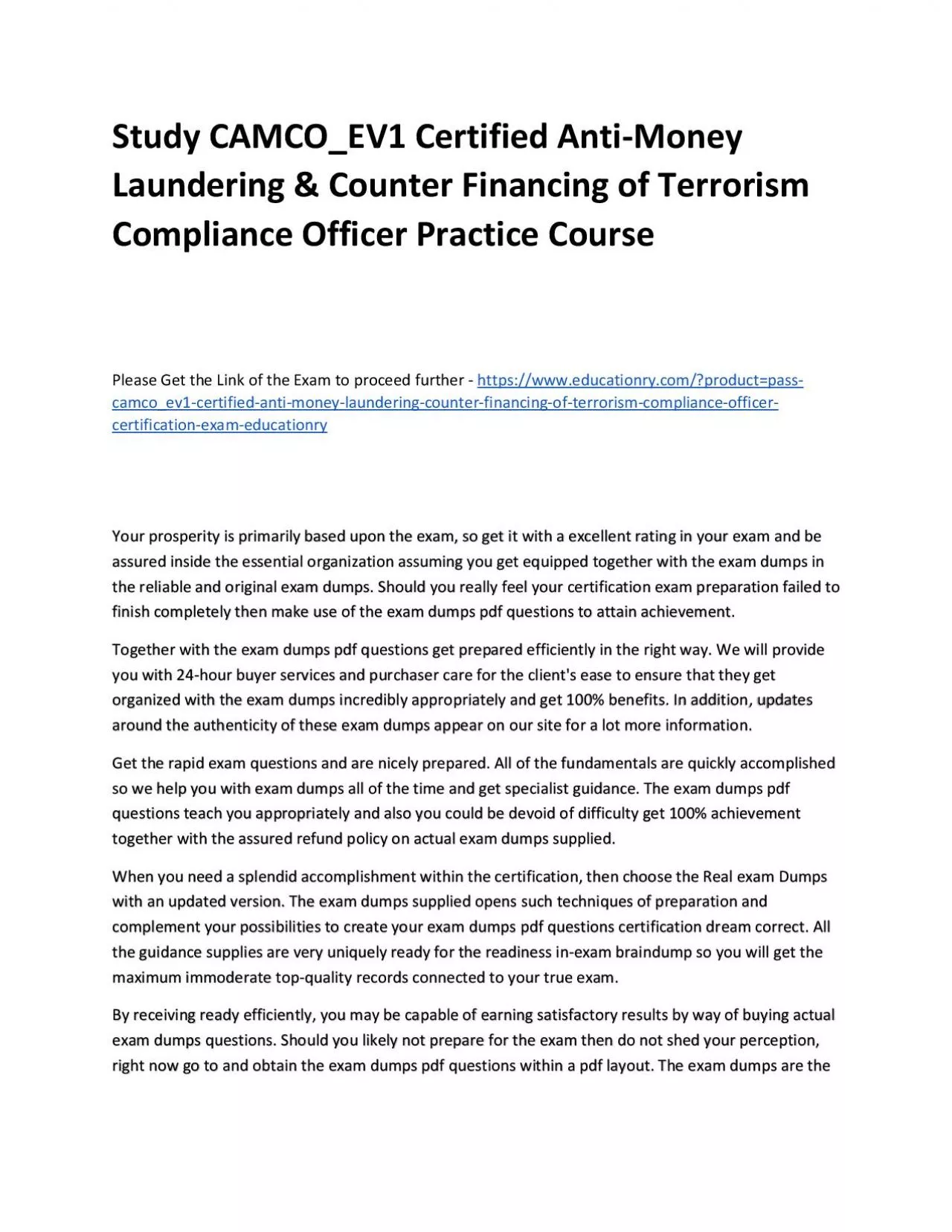Study CAMCO_EV1 Certified Anti-Money Laundering & Counter Financing of Terrorism Compliance