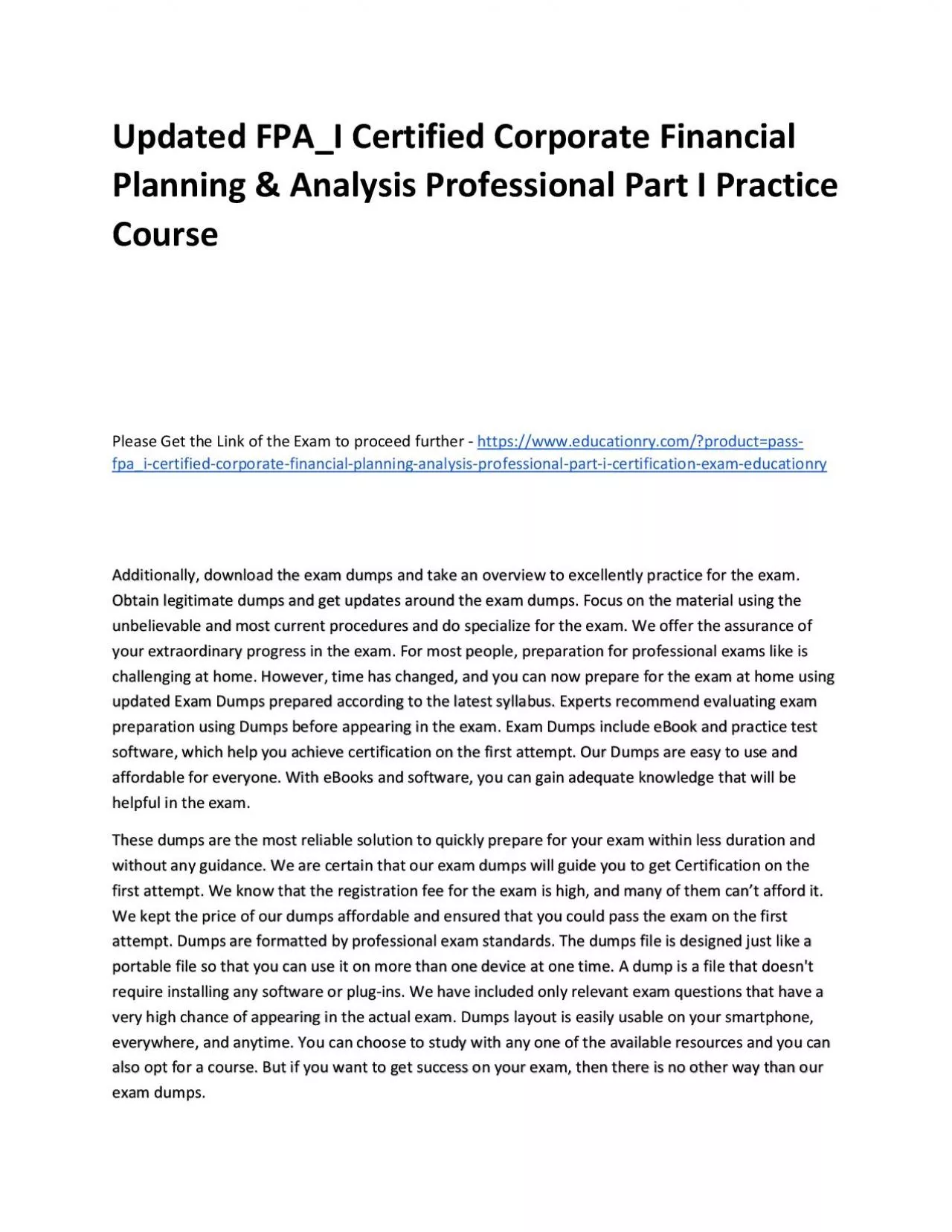 Updated FPA_I Certified Corporate Financial Planning & Analysis Professional Part I Practice