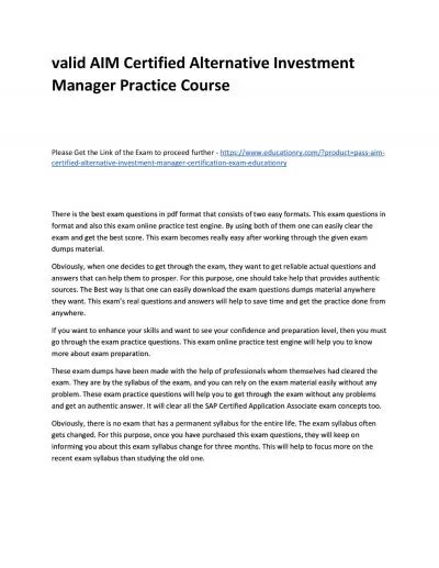 Valid AIM Certified Alternative Investment Manager Practice Course