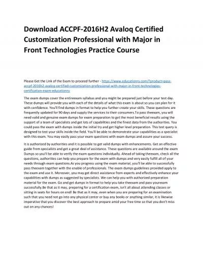 Download ACCPF-2016H2 Avaloq Certified Customization Professional with Major in Front Technologies Practice Course